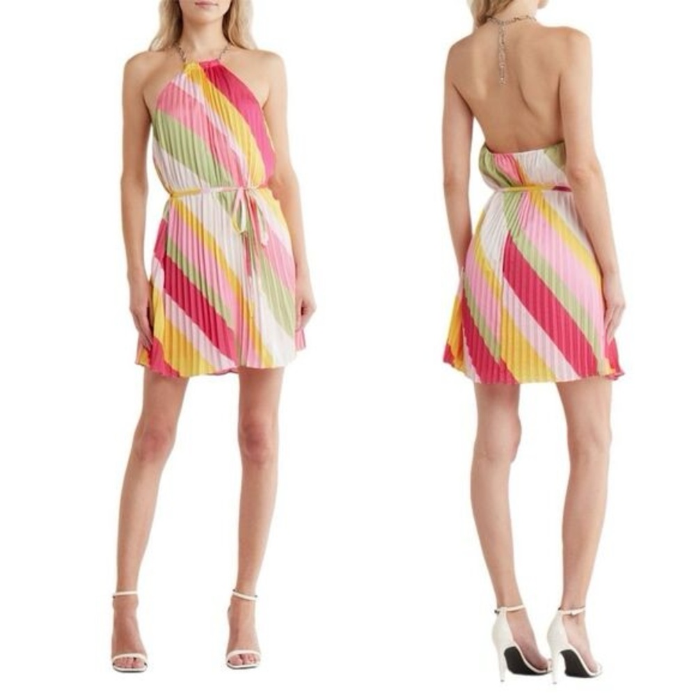 Ramy Brook Chloe Chain Halter Mini Dress Striped Pleated Xsmall
**NO BELT** $495